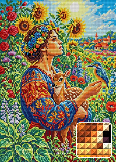 Floral Maiden With Fawn and Bird, 50x70 cm timanttimaalaus – lopullisen kuvion esikatselu ja lähikuva neliönmuotoisista timanteista