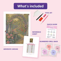 Thumbnail for Flower Garden Path 60x80cm timanttimaalauspaketin sisalto: liimapintainen canvas, varikartta, tyokalut ja timanttipussit