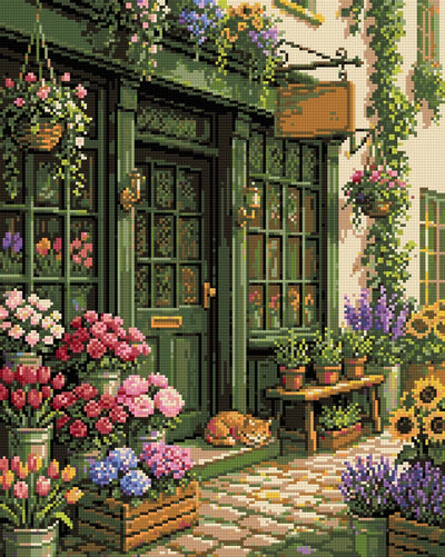 Flower Shop on a Cobbled Lane, 40x50 cm timanttimaalaus – lopullisen kuvion esikatselu