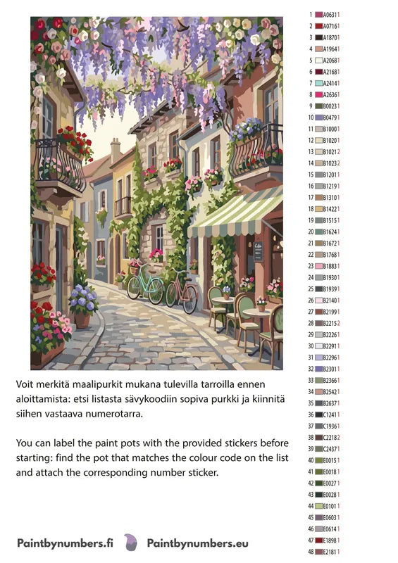 Värikartta ja ohjeet - Flower Street and Bicycles 50x70cm