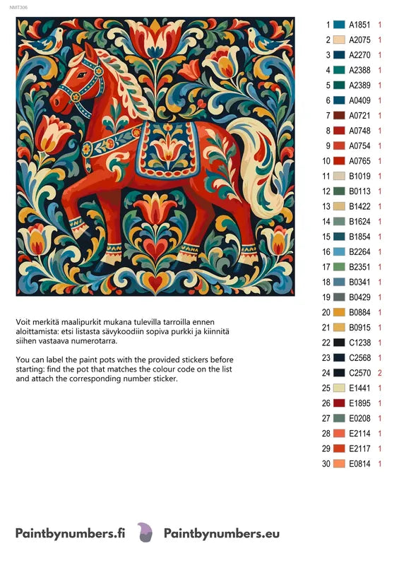 Numeromaalaus: Värikartta ja ohjeet - Folk Art Horse 50x50cm