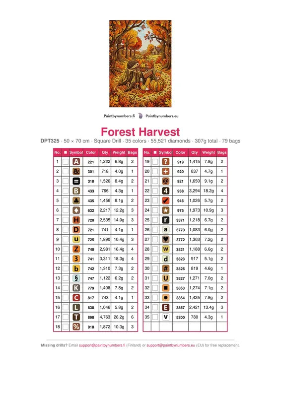 Forest Harvest timanttimaalauksen värikartta – 35 DMC-väriä