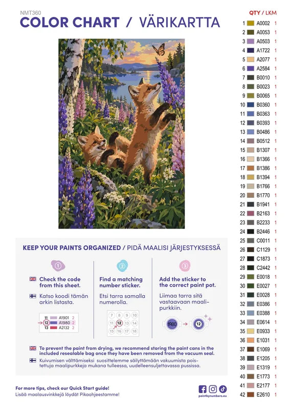 Numeromaalaus: Värikartta ja ohjeet - Fox Cubs in the Lupines 40x60cm