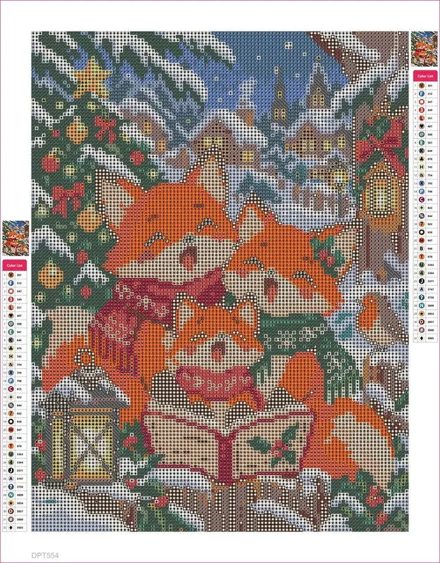 Fox Family Christmas Carols timanttimaalauksen liimapintainen canvas 30x40cm