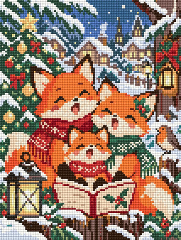 Fox Family Christmas Carols, 30x40 cm timanttimaalaus – lopullisen kuvion esikatselu