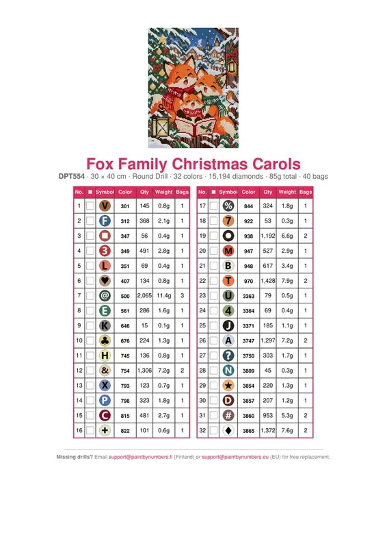Fox Family Christmas Carols timanttimaalauksen värikartta – 32 DMC-väriä