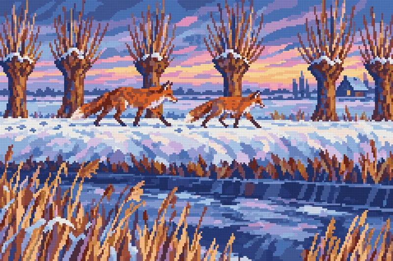 Fox Pair on the Polder Dyke, 60x40 cm timanttimaalaus – lopullisen kuvion esikatselu