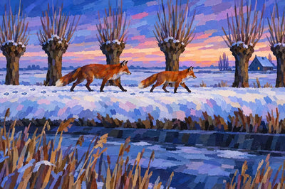 Fox Pair on the Polder Dyke, 60x40 cm timanttimaalaus – alkuperäinen kuva, josta kuvio on tehty