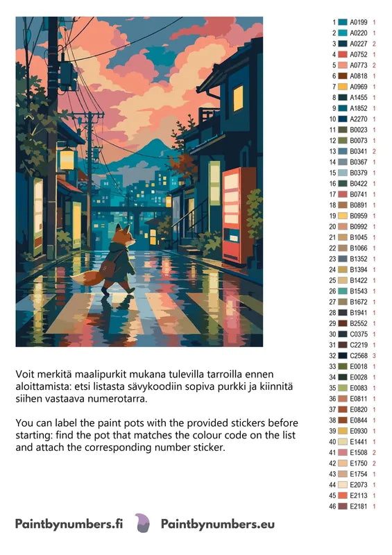 Värikartta ja ohjeet - Fox Walking in City Street 60x80cm