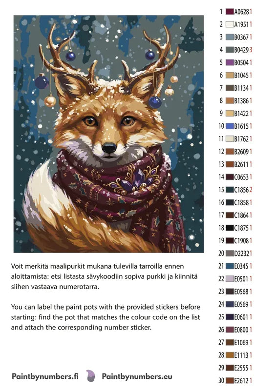 Värikartta ja ohjeet - Fox with Antlers and Scarf 40x50cm