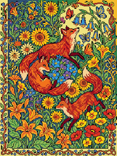 Foxes in Wildflower Meadow, 60x80 cm timanttimaalaus – lopullisen kuvion esikatselu