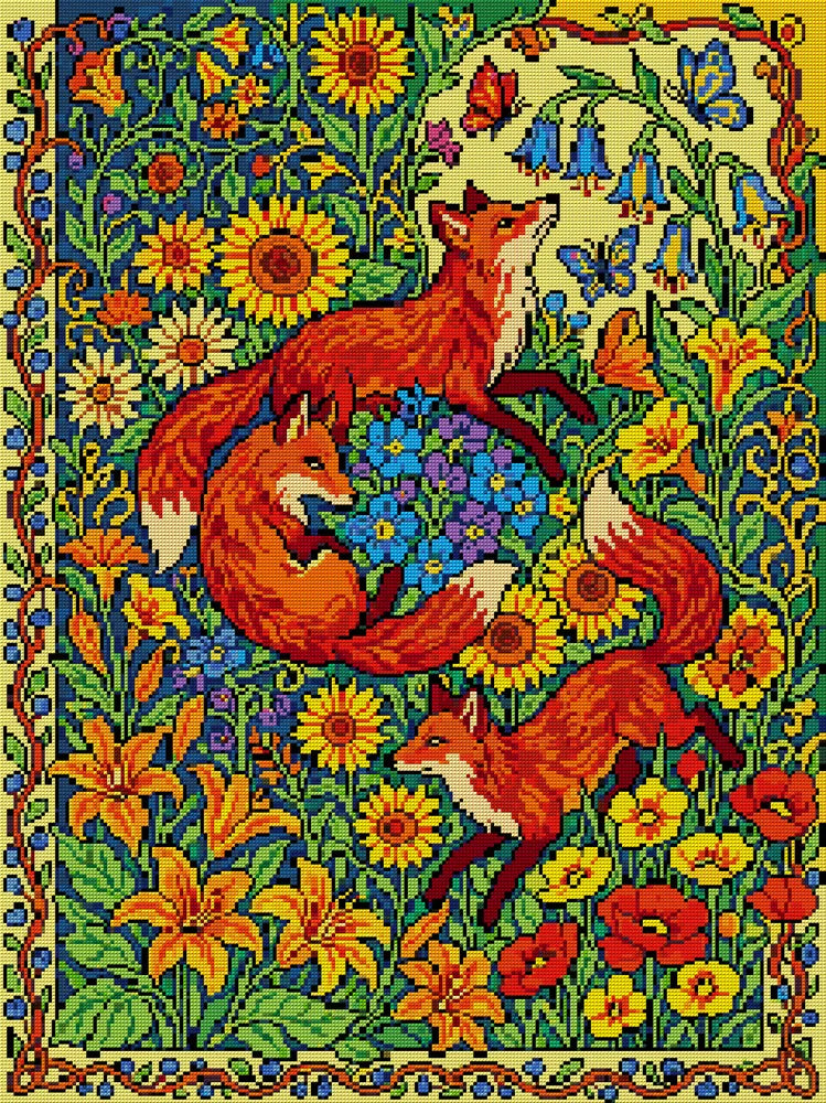 Foxes in Wildflower Meadow, 60x80 cm timanttimaalaus – koko kuvion esikatselu ilman lähikuvaa