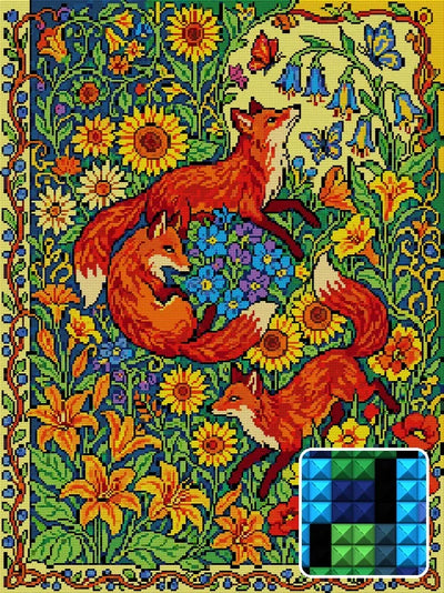 Foxes in Wildflower Meadow, 60x80 cm timanttimaalaus – lopullisen kuvion esikatselu ja lähikuva neliönmuotoisista timanteista