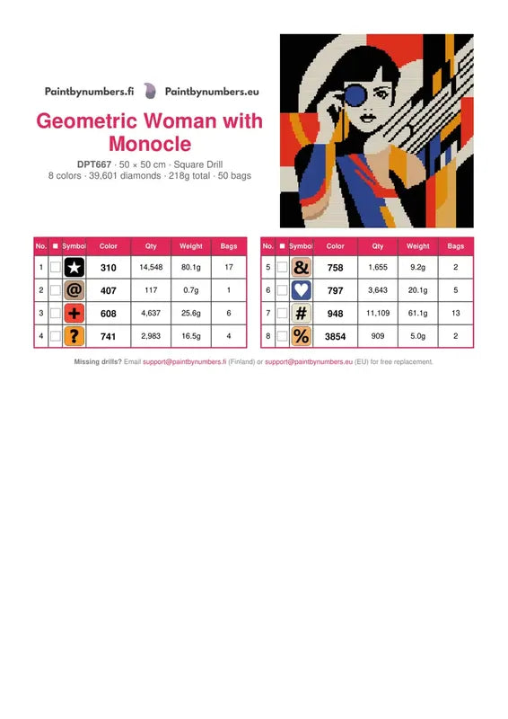 Geometric Woman with Monocle timanttimaalauksen värikartta – 8 DMC-väriä