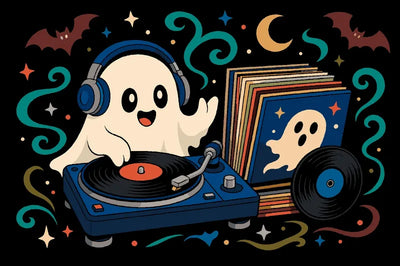 Kummitus DJ levysoittimella ja vinyylilevyillä numeromaalaus.