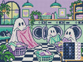 Thumbnail for Ghosts at the Laundromat, 40x30 cm timanttimaalaus – lopullisen kuvion esikatselu ja lähikuva pyöreistä timanteista