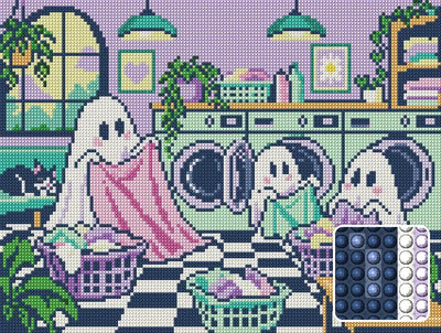Ghosts at the Laundromat, 40x30 cm timanttimaalaus – lopullisen kuvion esikatselu ja lähikuva pyöreistä timanteista