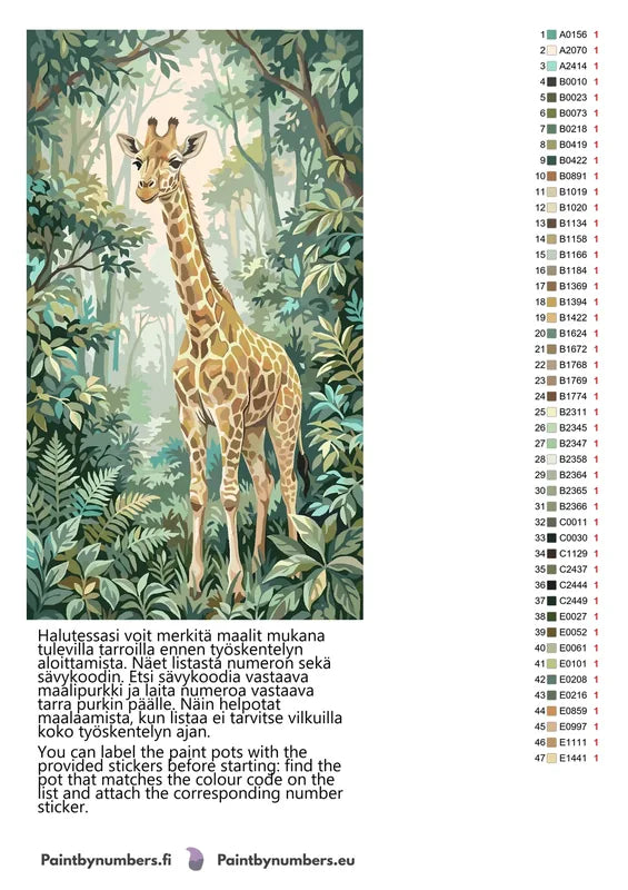 Värikartta ja ohjeet - Giraffe in Jungle 40x70cm