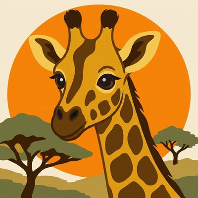 Timanttimaalaus kirahvin päästä oranssia auringonlaskoa ja savannin puita vasten.
