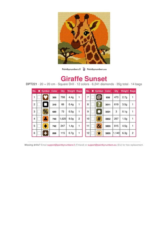 Giraffe Sunset timanttimaalauksen värikartta – 12 DMC-väriä