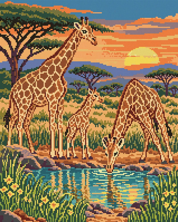 Giraffes at the Amber Waterhole, 40x50 cm timanttimaalaus – lopullisen kuvion esikatselu