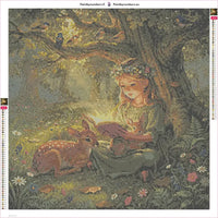 Thumbnail for Girl Reading in Forest timanttimaalauksen liimapintainen canvas 60x60cm
