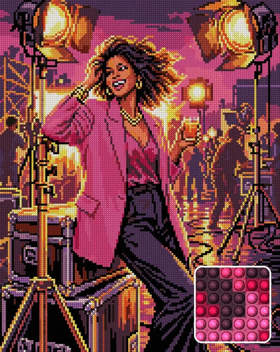 Glamorous Woman On Film Set, 40x50 cm timanttimaalaus – lopullisen kuvion esikatselu ja lähikuva pyöreistä timanteista