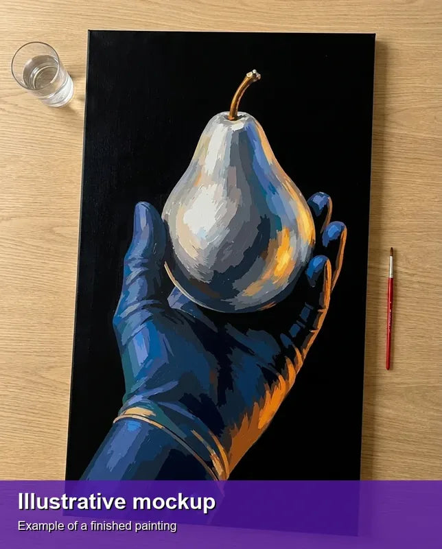 Valmiin numeromaalauksen havainnekuva - Gloved Hand Holding Pear 40x70cm