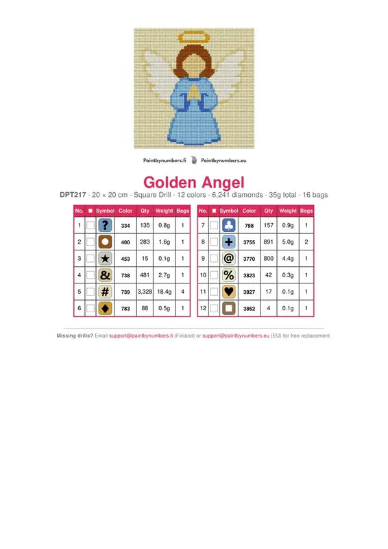 Golden Angel timanttimaalauksen värikartta – 12 DMC-väriä