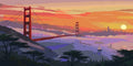 Thumbnail for Golden Gate -silta auringonlaskussa numeromaalaus. Siluetti, sumu ja oranssi taivas.