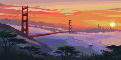 Golden Gate -silta auringonlaskussa numeromaalaus. Siluetti, sumu ja oranssi taivas.