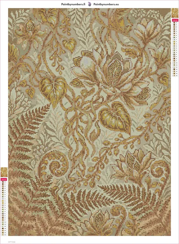 Golden Ornate Botanical Pattern timanttimaalauksen liimapintainen canvas 50x70cm