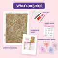 Thumbnail for Golden Ornate Botanical Pattern 50x70cm timanttimaalauspaketin sisältö: liimapintainen canvas, värikartta, työkalut ja timanttipussit