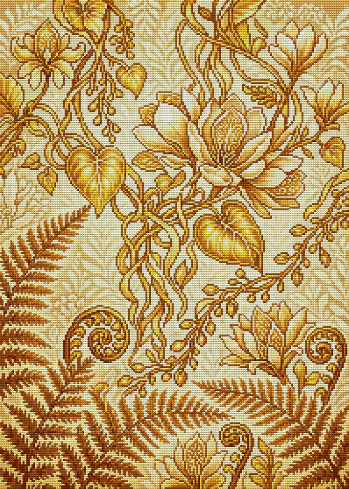 Golden Ornate Botanical Pattern, 50x70 cm timanttimaalaus – koko kuvion esikatselu ilman lähikuvaa
