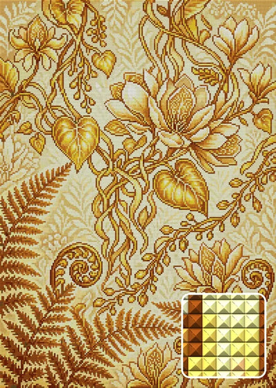 Golden Ornate Botanical Pattern, 50x70 cm timanttimaalaus – lopullisen kuvion esikatselu ja lähikuva neliönmuotoisista timanteista