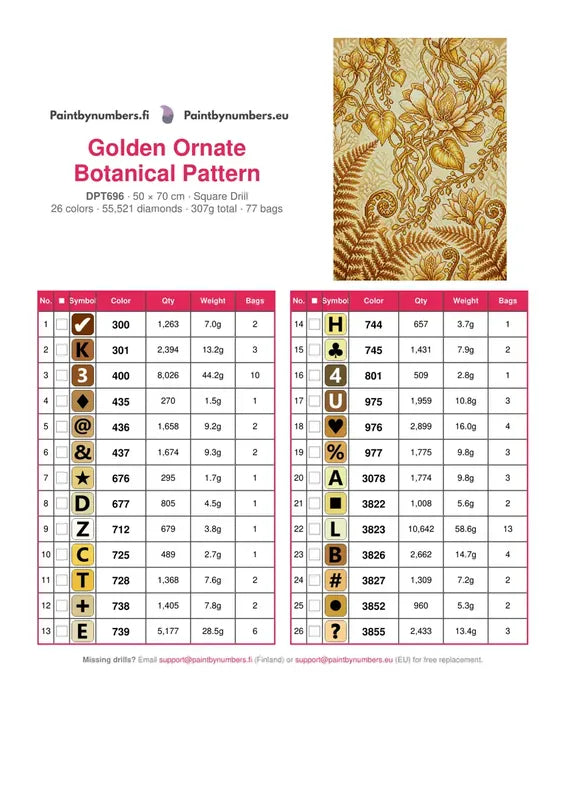 Golden Ornate Botanical Pattern timanttimaalauksen värikartta – 26 DMC-väriä