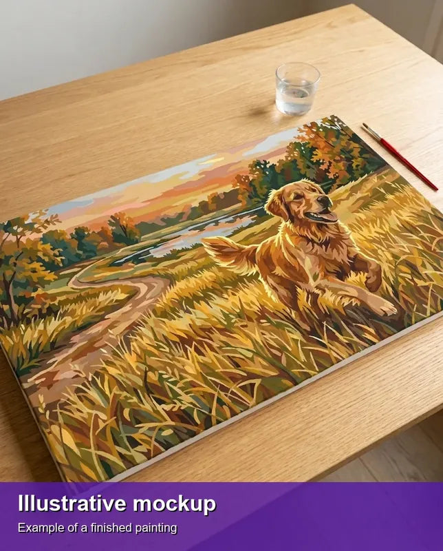 Valmiin numeromaalauksen havainnekuva - Golden Retriever in Field 70x40cm