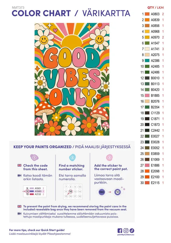 Numeromaalaus: Värikartta ja ohjeet - Good Vibes Only 40x60cm