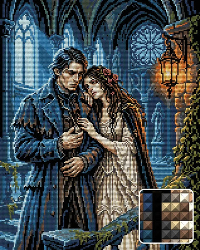 Gothic Lovers in Ruins, 40x50 cm timanttimaalaus – lopullisen kuvion esikatselu ja lähikuva neliönmuotoisista timanteista
