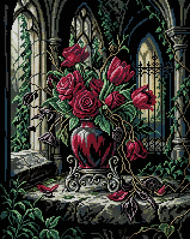 Gothic Roses and Tulips Arrangement, 40x50 cm timanttimaalaus – koko kuvion esikatselu ilman lähikuvaa