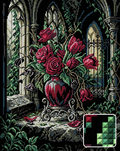 Gothic Roses and Tulips Arrangement, 40x50 cm timanttimaalaus – lopullisen kuvion esikatselu ja lähikuva neliönmuotoisista timanteista