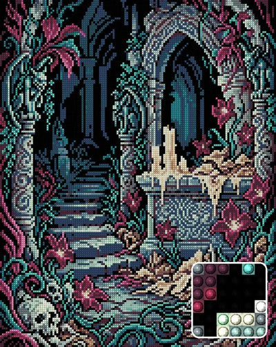 Gothic Ruins With Skulls And Candles, 40x50 cm timanttimaalaus – lopullisen kuvion esikatselu ja lähikuva pyöreistä timanteista