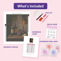 Thumbnail for Grapes and Candle 40x50cm timanttimaalauspaketin sisalto: liimapintainen canvas, varikartta, tyokalut ja timanttipussit