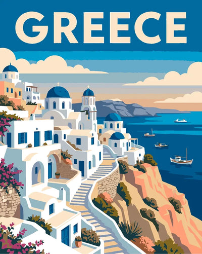 Kreikka travel poster numeromaalaus, Santorini ja sininen merimaisema