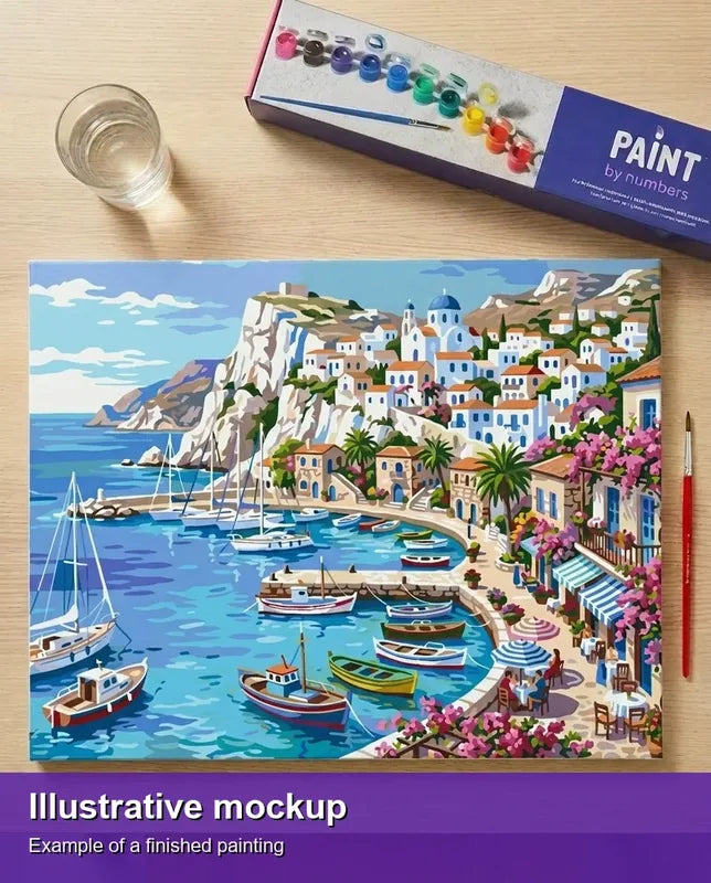 Valmiin numeromaalauksen havainnekuva - Greek Harbor and Village 50x40cm