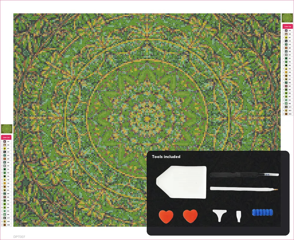 Green Mandala timanttimaalauksen kangas 50x40cm mukana tulevilla tyokaluilla - timanttikyna, vaha, lajittelutarjotin ja pinsetit