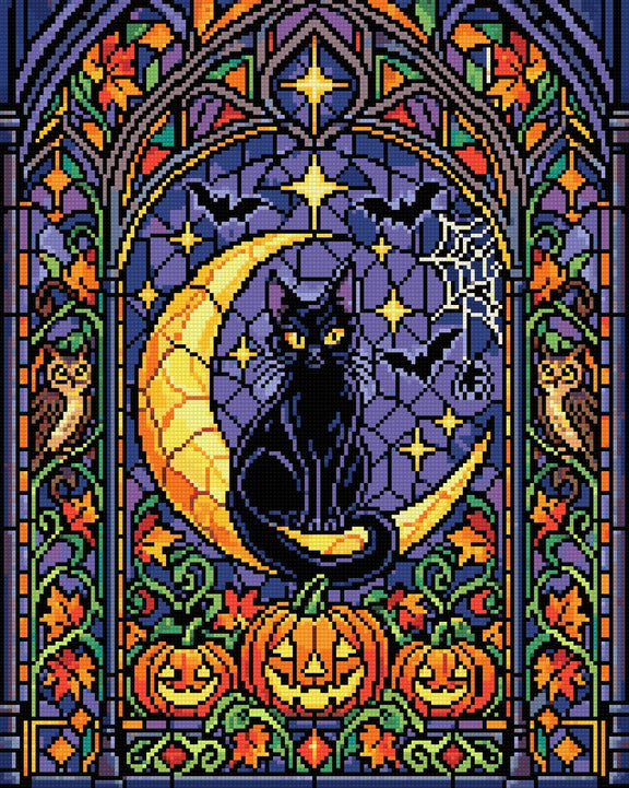 Halloween-lasimaalaus: musta kissa kuunsirpillä, 40x50 cm timanttimaalaus – lopullisen kuvion esikatselu
