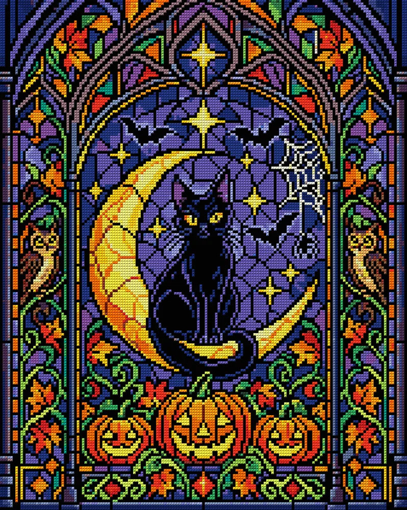 Halloween-lasimaalaus: musta kissa kuunsirpillä, 40x50 cm timanttimaalaus – koko kuvion esikatselu