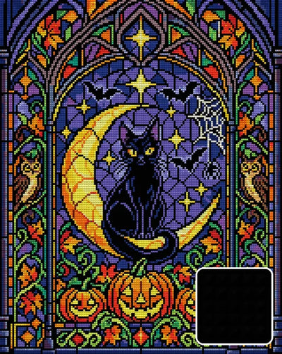 Halloween-lasimaalaus: musta kissa kuunsirpillä, 40x50 cm timanttimaalaus – kuvio ja neliötimanttien lähikuva