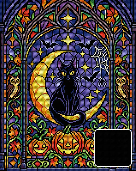Halloween-lasimaalaus: musta kissa kuunsirpillä, 40x50 cm timanttimaalaus – kuvio ja neliötimanttien lähikuva